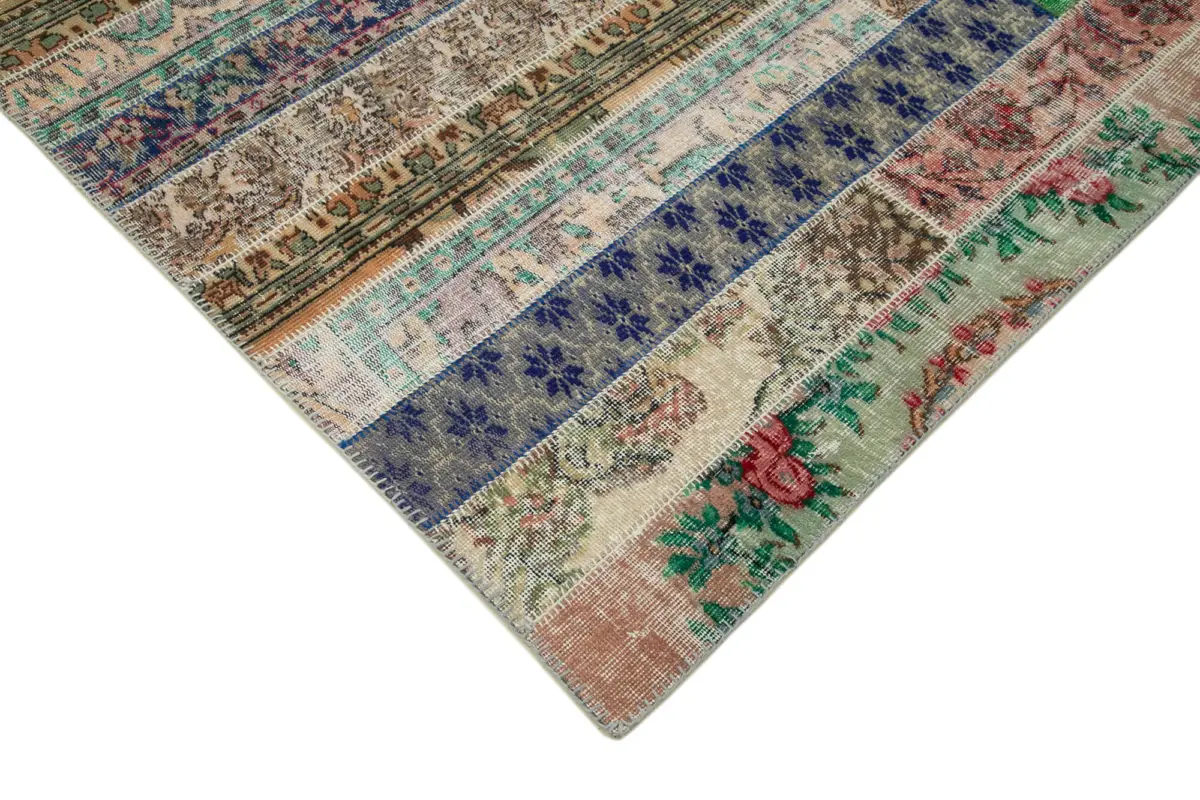 Patchwork Multi Pamuk Üzerine Yün El Dokuma Kilim-202x303 - Görsel 4