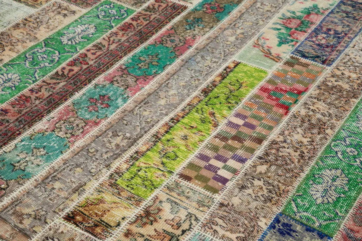 Patchwork Multi Pamuk Üzerine Yün El Dokuma Kilim-202x303 - Görsel 5