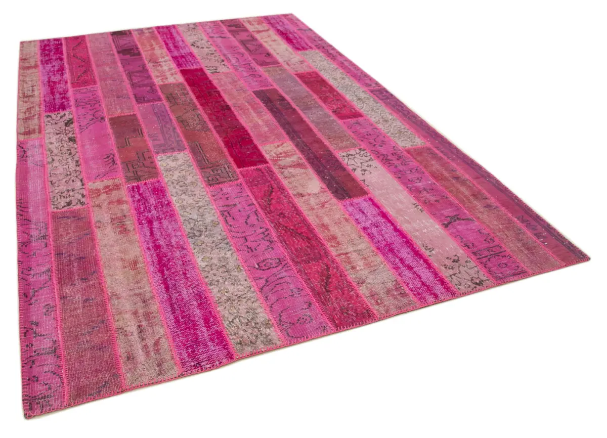 Patchwork Pembe Pamuk Üzerine Yün El Dokuma Kilim-205x305 - Görsel 2