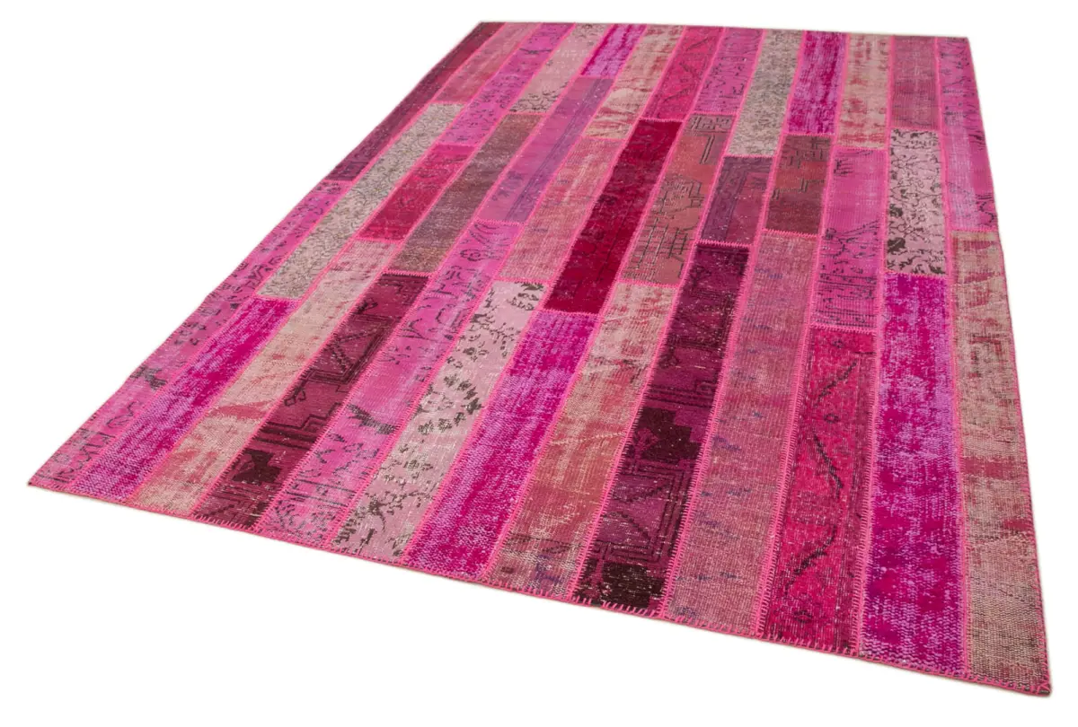 Patchwork Pembe Pamuk Üzerine Yün El Dokuma Kilim-205x305 - Görsel 3