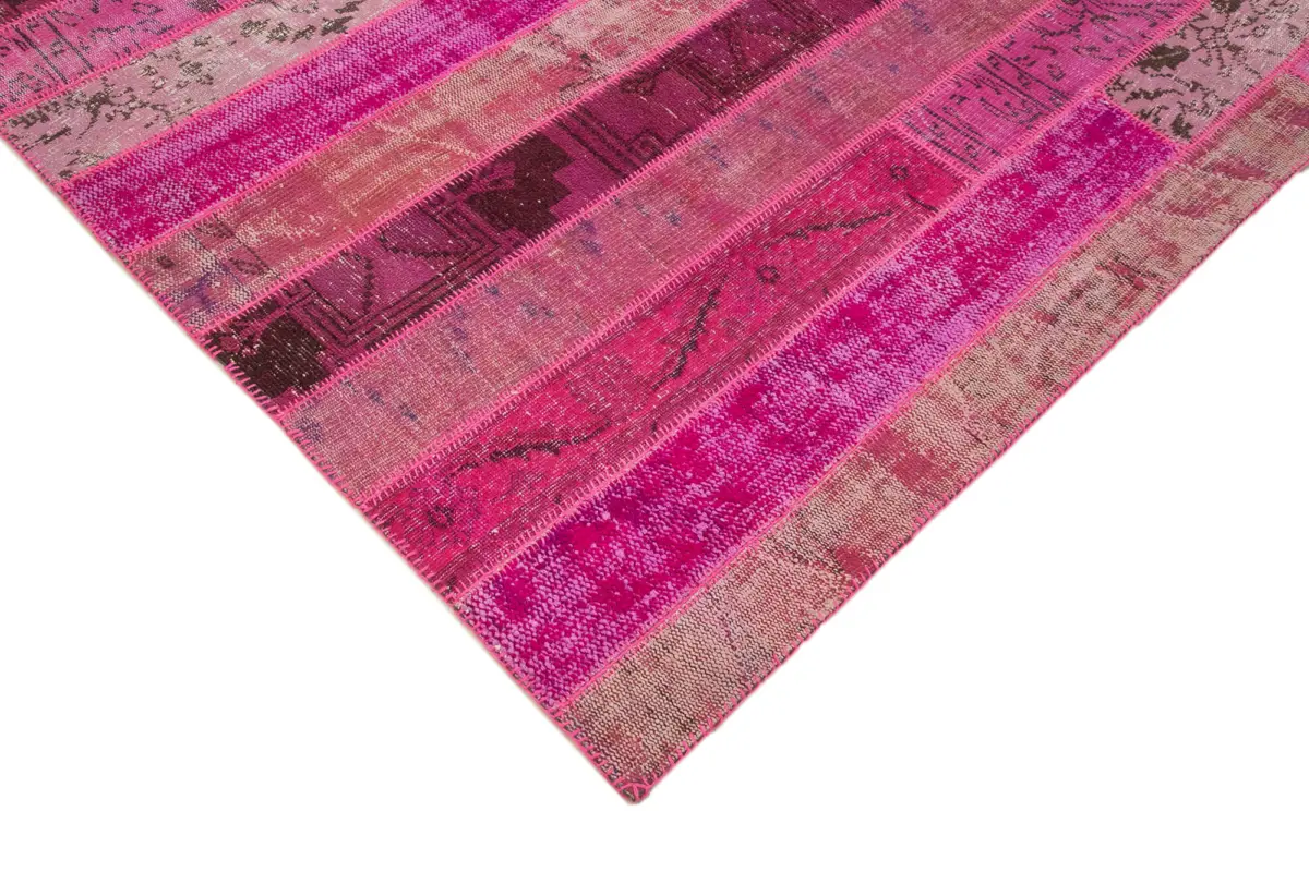 Patchwork Pembe Pamuk Üzerine Yün El Dokuma Kilim-205x305 - Görsel 4