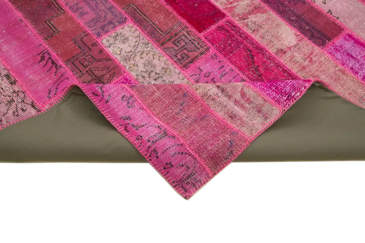 Patchwork Pembe Pamuk Üzerine Yün El Dokuma Kilim-205x305 - Görsel 6