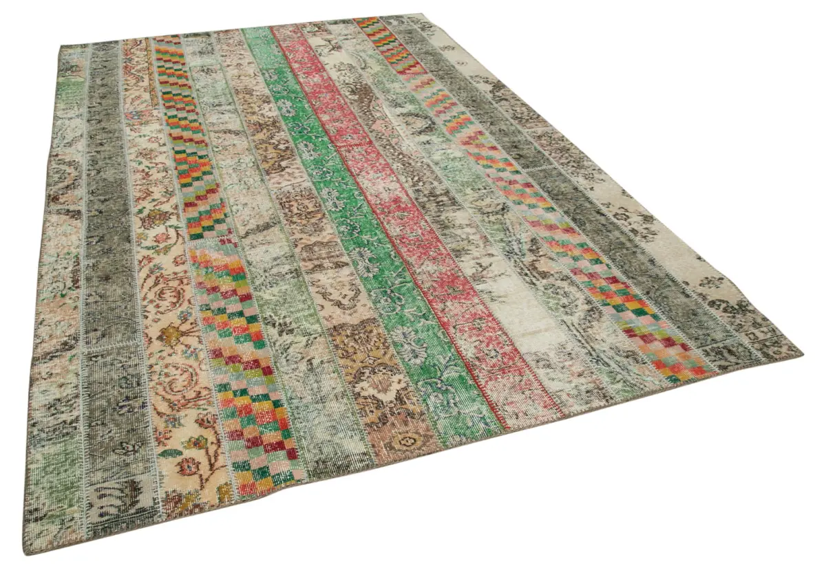Patchwork Multi Pamuk Üzerine Yün El Dokuma Kilim-202x303 - Görsel 2