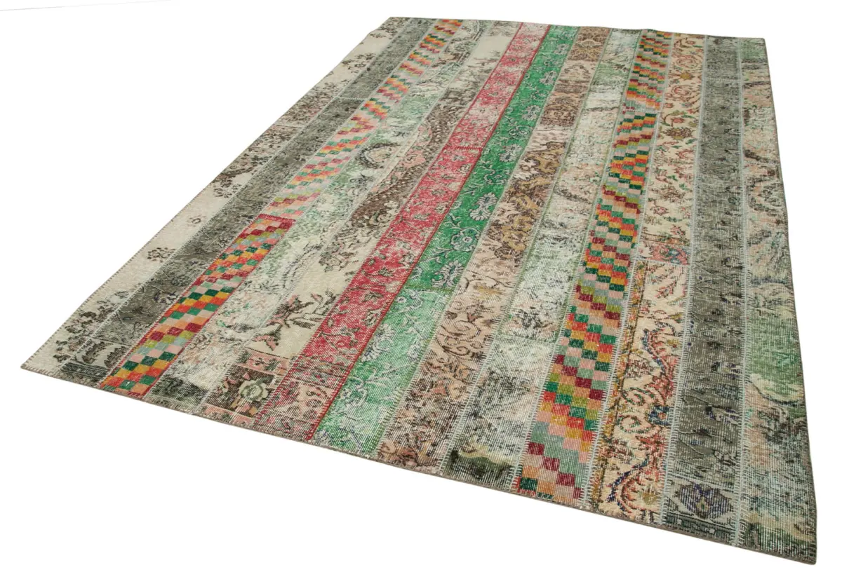 Patchwork Multi Pamuk Üzerine Yün El Dokuma Kilim-202x303 - Görsel 3