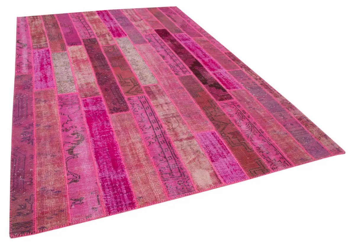 Patchwork Pembe Pamuk Üzerine Yün El Dokuma Kilim-205x304 - Görsel 2