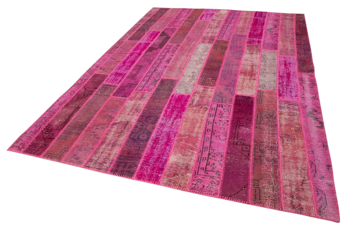 Patchwork Pembe Pamuk Üzerine Yün El Dokuma Kilim-205x304 - Görsel 3