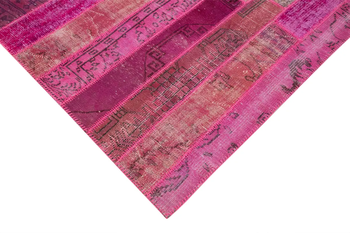 Patchwork Pembe Pamuk Üzerine Yün El Dokuma Kilim-205x304 - Görsel 4
