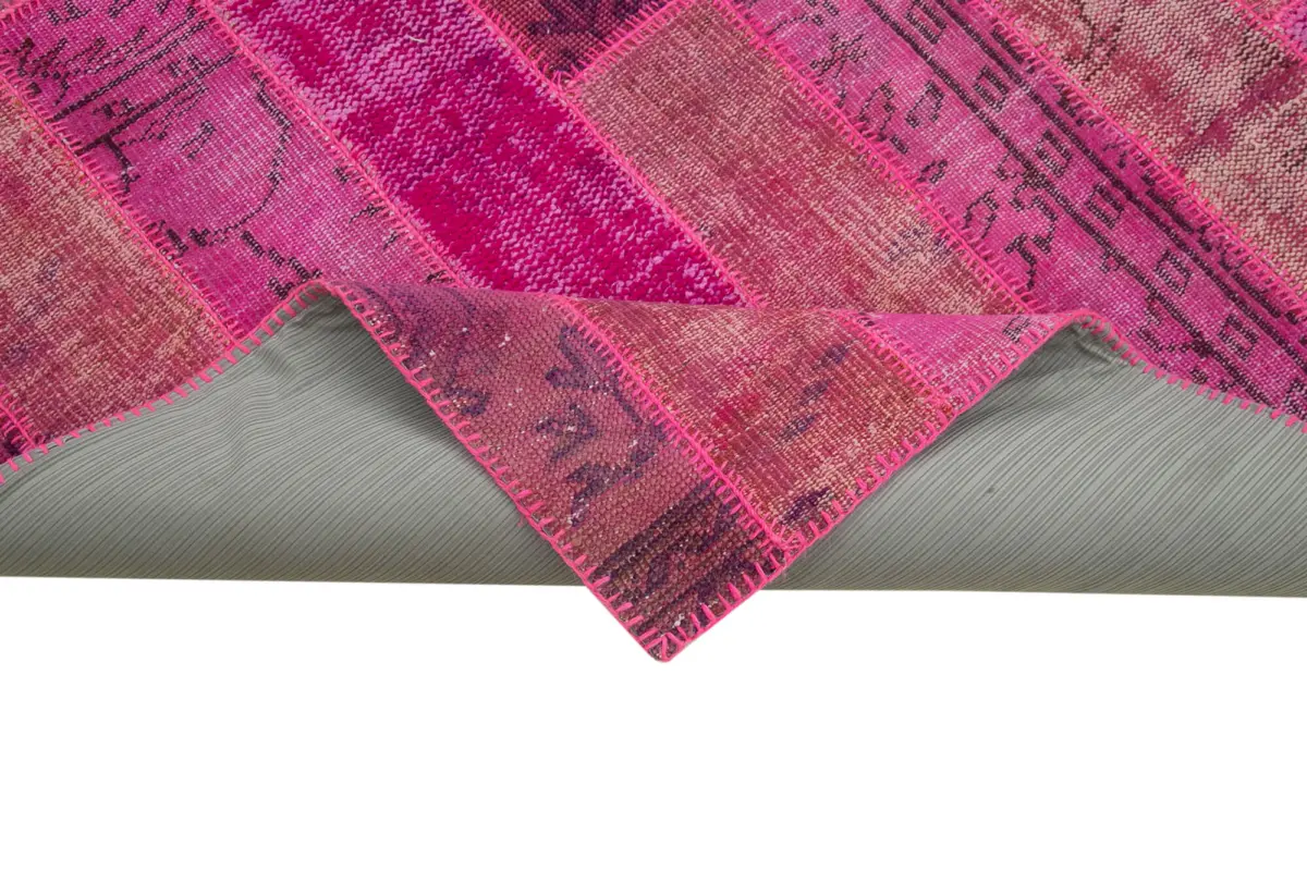 Patchwork Pembe Pamuk Üzerine Yün El Dokuma Kilim-205x304 - Görsel 6