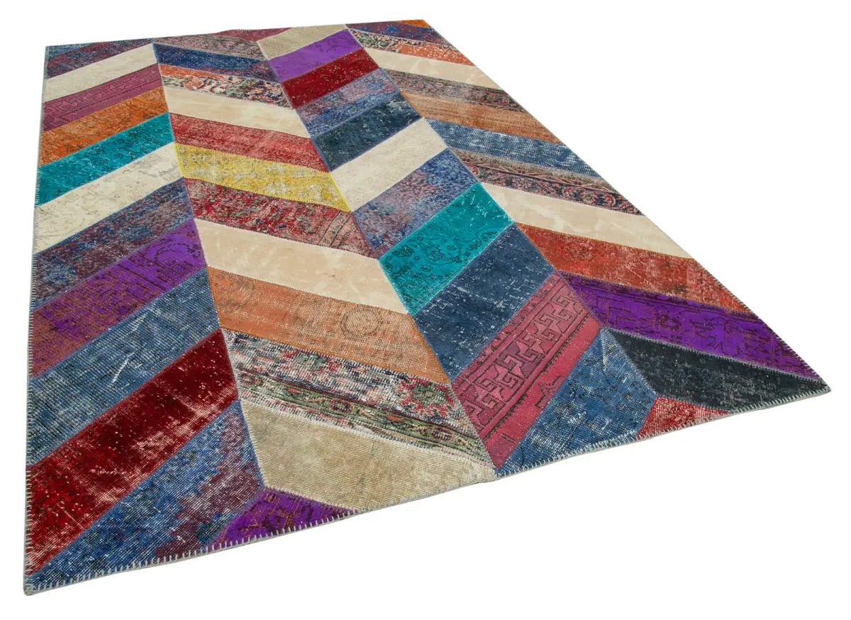 Patchwork Multi Pamuk Üzerine Yün El Dokuma Kilim-196x299 - Görsel 2