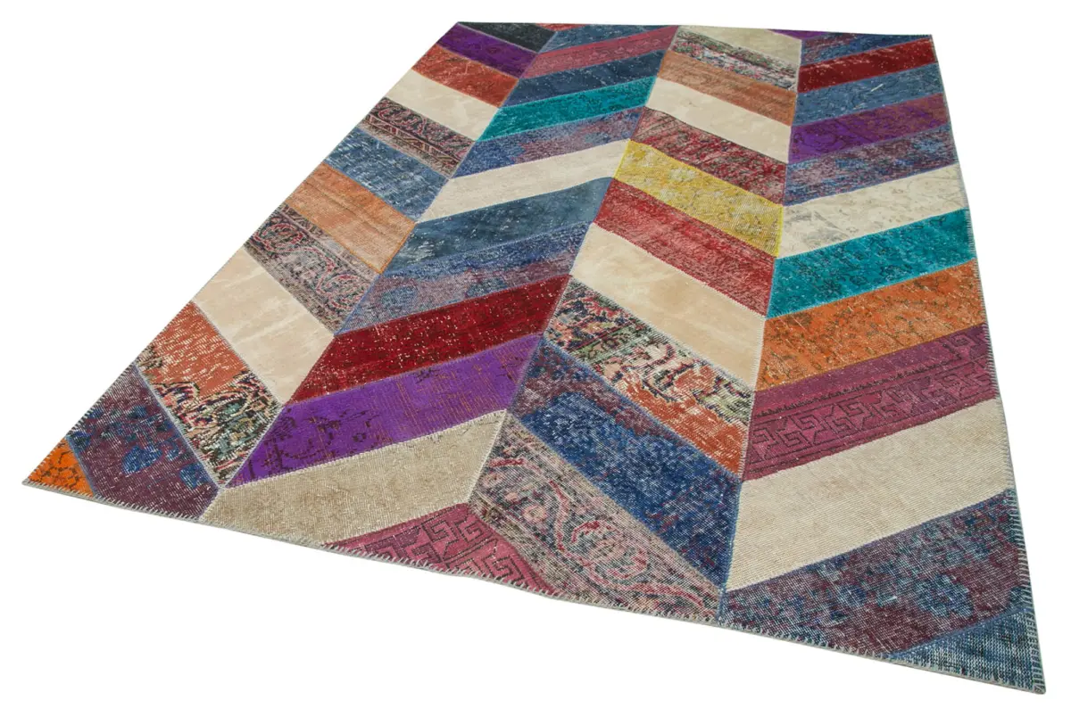 Patchwork Multi Pamuk Üzerine Yün El Dokuma Kilim-196x299 - Görsel 3