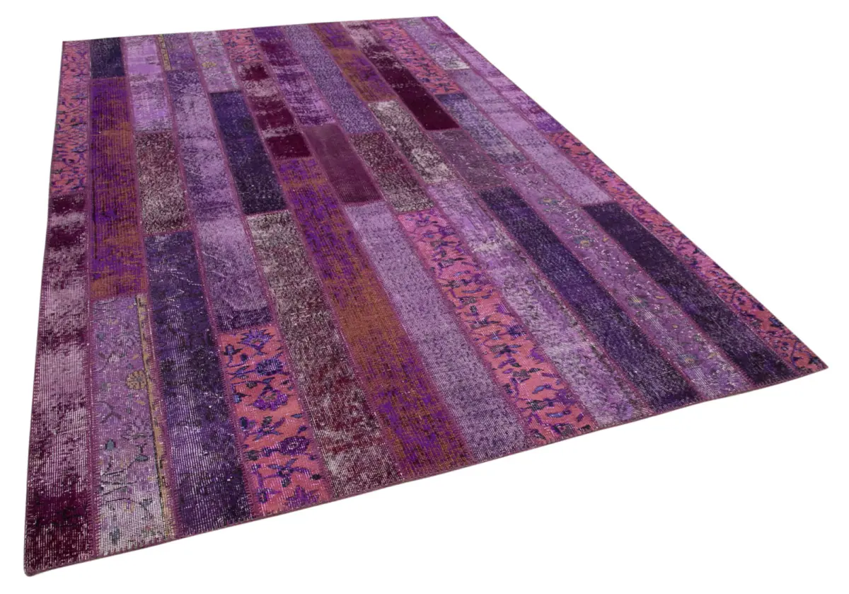 Patchwork Mor Pamuk Üzerine Yün El Dokuma Kilim-205x306 - Görsel 2