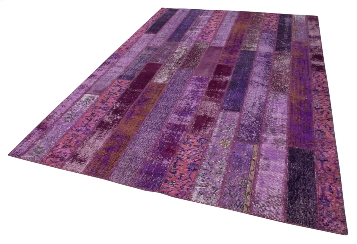 Patchwork Mor Pamuk Üzerine Yün El Dokuma Kilim-205x306 - Görsel 3