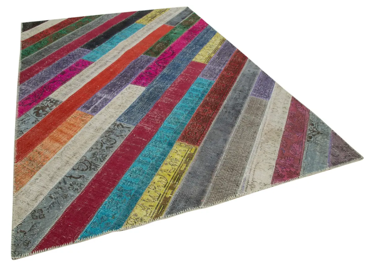 Patchwork Multi Pamuk Üzerine Yün El Dokuma Kilim-205x296 - Görsel 2