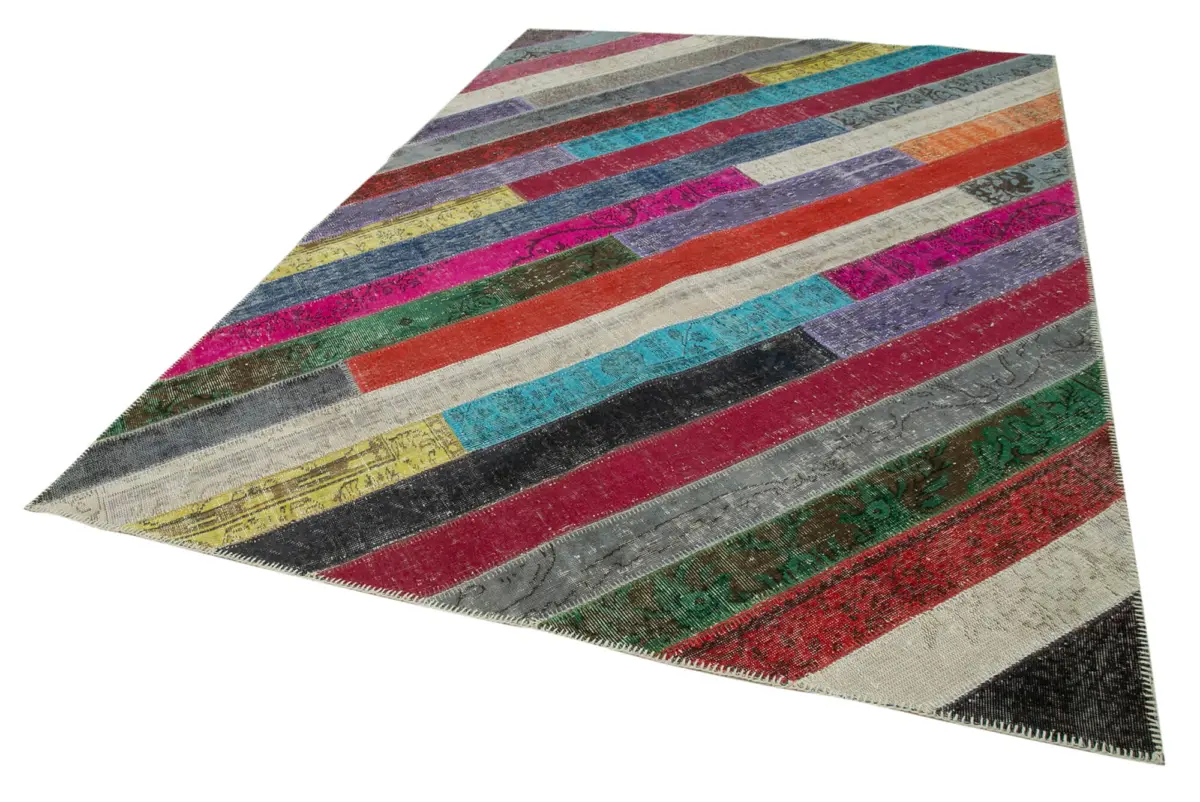 Patchwork Multi Pamuk Üzerine Yün El Dokuma Kilim-205x296 - Görsel 3