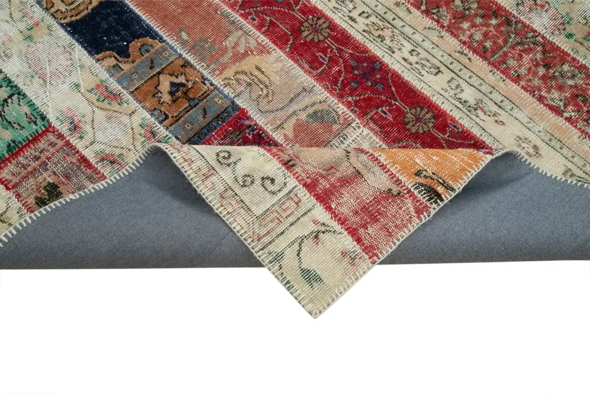 Patchwork Multi Pamuk Üzerine Yün El Dokuma Kilim-201x302 - Görsel 6