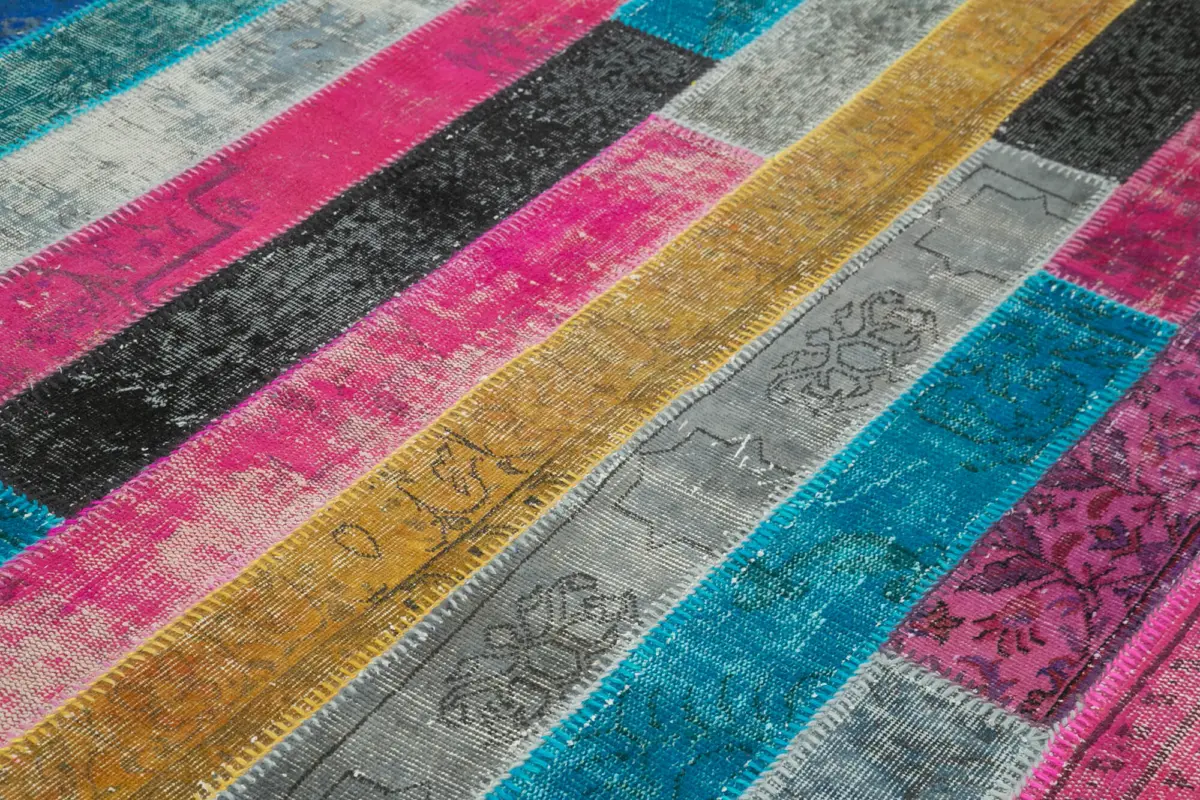 Patchwork Multi Pamuk Üzerine Yün El Dokuma Kilim-200x300 - Görsel 5