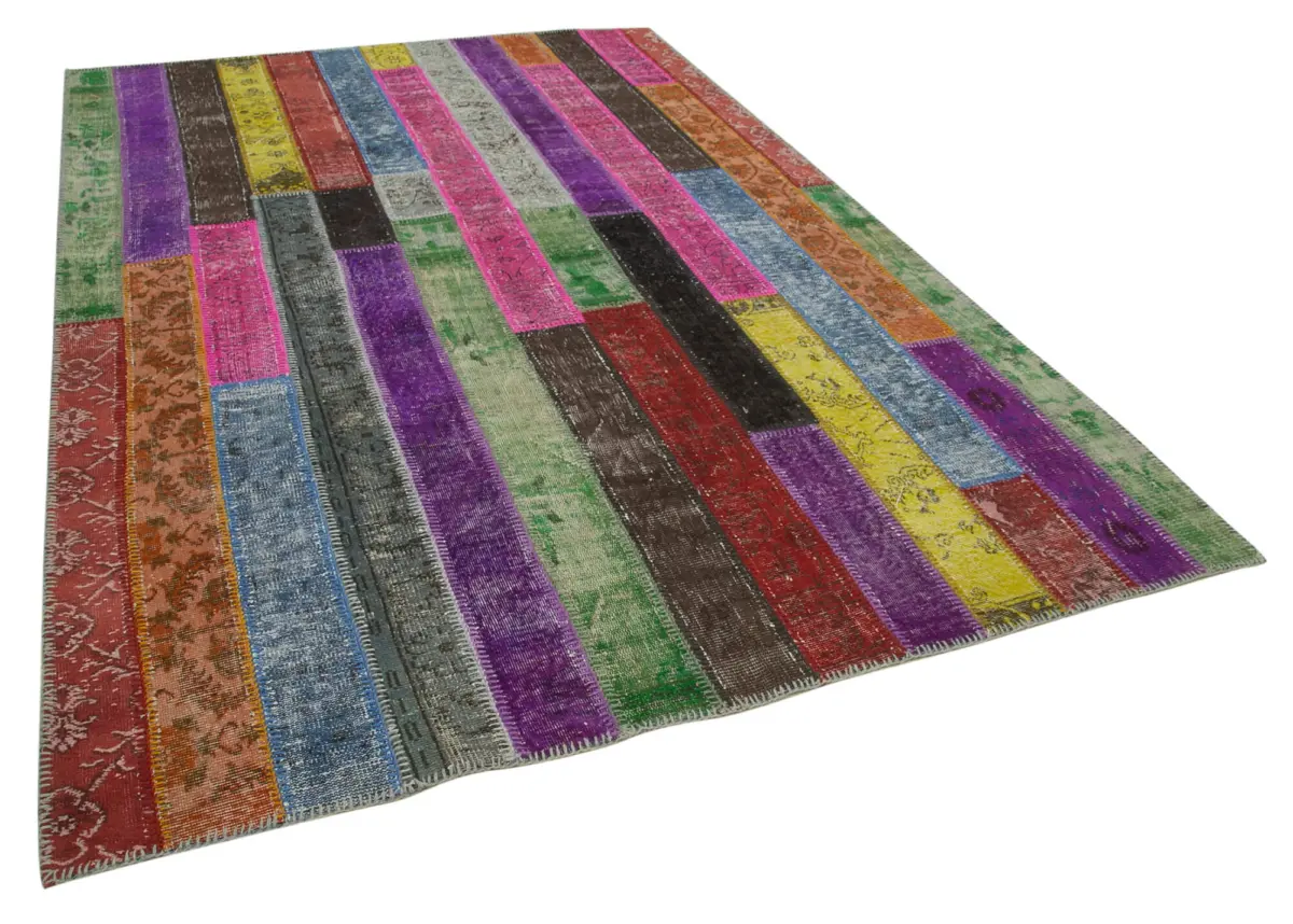 Patchwork Multi Pamuk Üzerine Yün El Dokuma Kilim-205x302 - Görsel 2