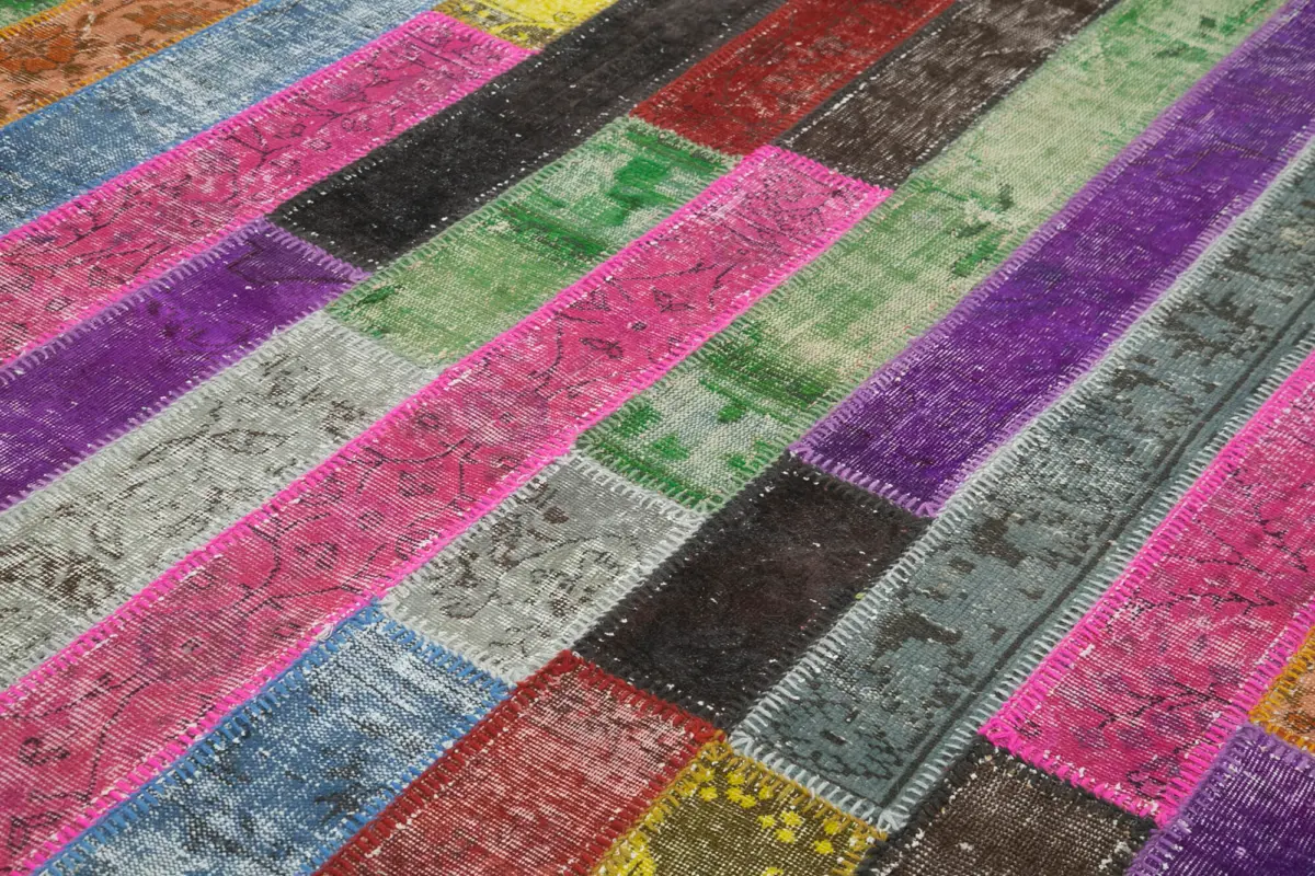 Patchwork Multi Pamuk Üzerine Yün El Dokuma Kilim-205x302 - Görsel 5