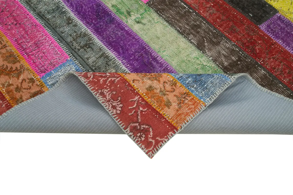 Patchwork Multi Pamuk Üzerine Yün El Dokuma Kilim-205x302 - Görsel 6