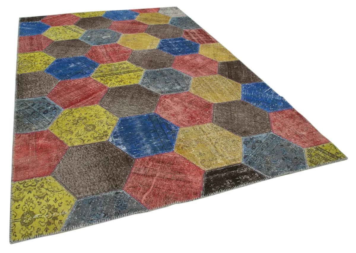 Patchwork Multi Pamuk Üzerine Yün El Dokuma Kilim-202x309 - Görsel 2