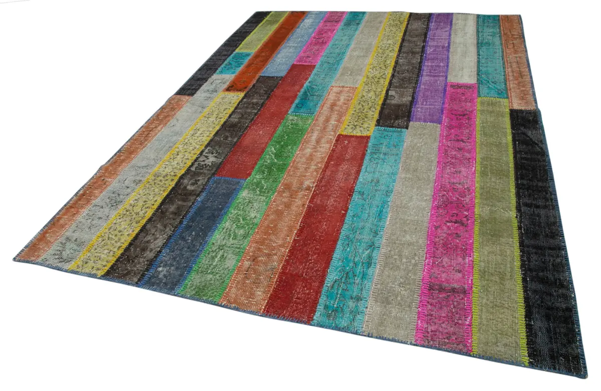 Patchwork Multi Pamuk Üzerine Yün El Dokuma Kilim-207x303 - Görsel 3