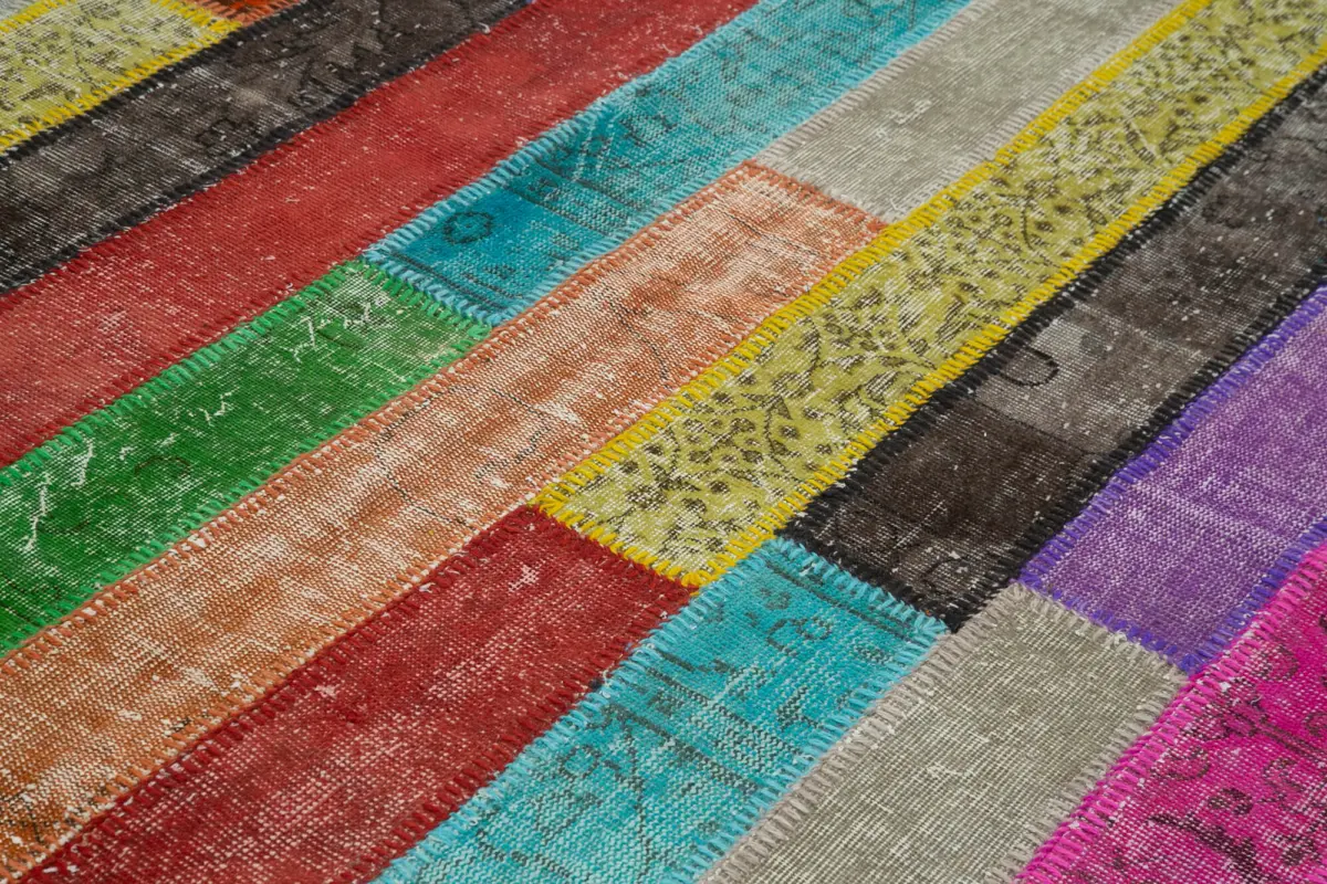 Patchwork Multi Pamuk Üzerine Yün El Dokuma Kilim-207x303 - Görsel 5