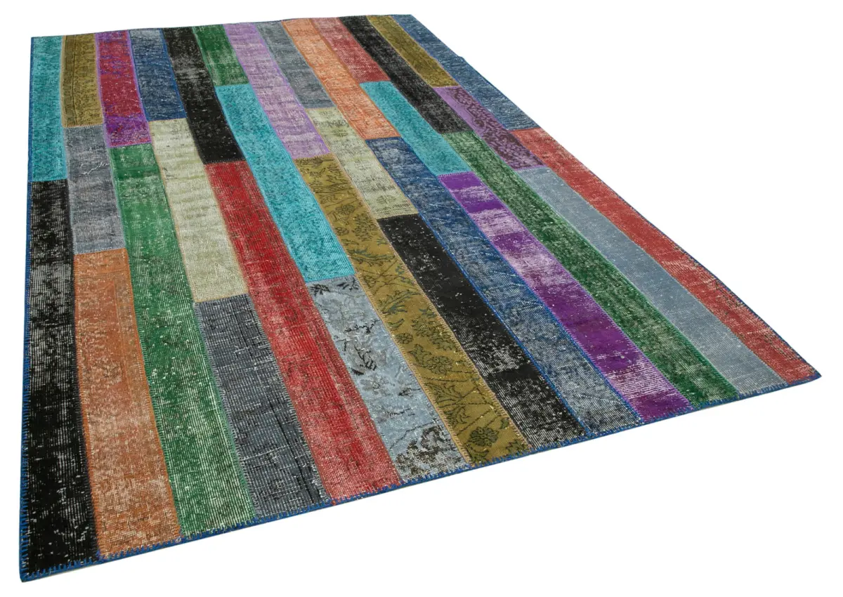 Patchwork Multi Pamuk Üzerine Yün El Dokuma Kilim-197x303 - Görsel 2