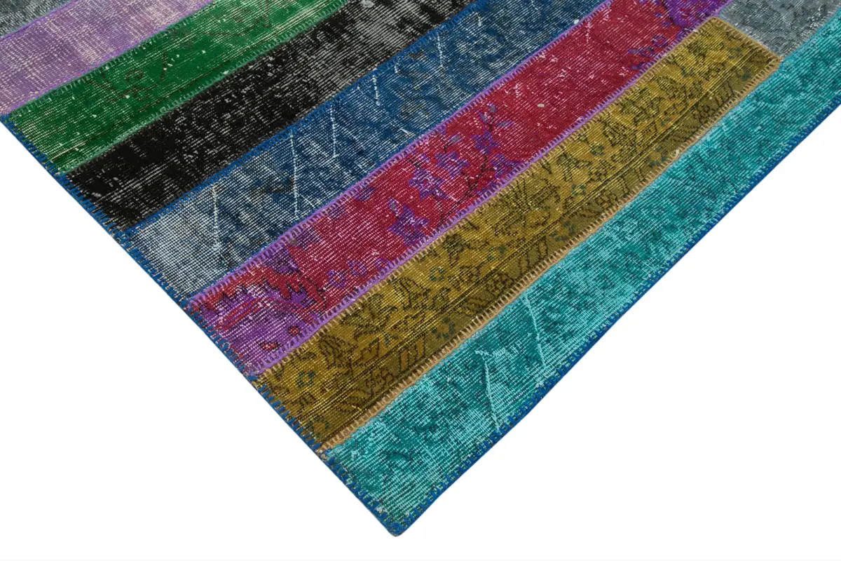 Patchwork Multi Pamuk Üzerine Yün El Dokuma Kilim-197x303 - Görsel 4