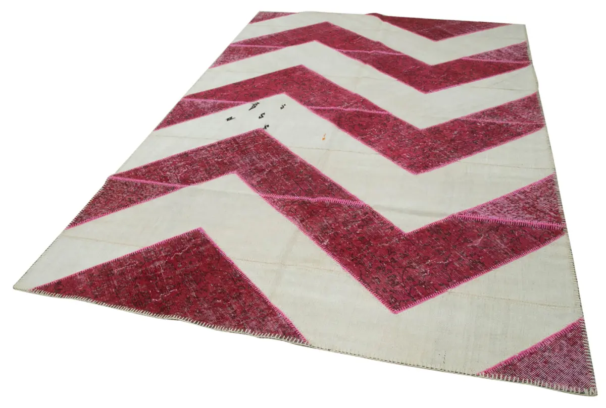 Patchwork Pembe Pamuk Üzerine Yün El Dokuma Kilim-201x310 - Görsel 3