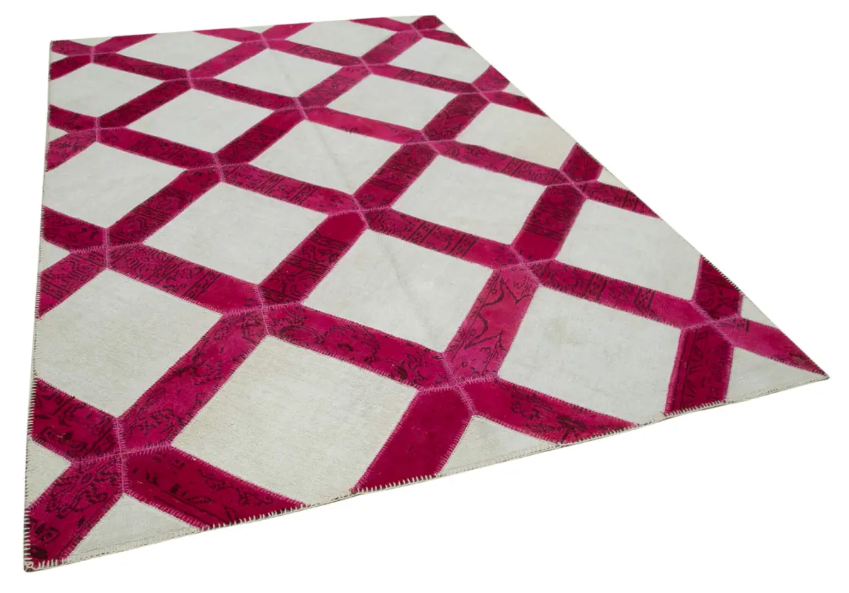 Patchwork Pembe Pamuk Üzerine Yün El Dokuma Kilim-199x293 - Görsel 2