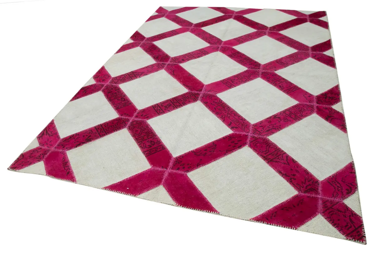 Patchwork Pembe Pamuk Üzerine Yün El Dokuma Kilim-199x293 - Görsel 3