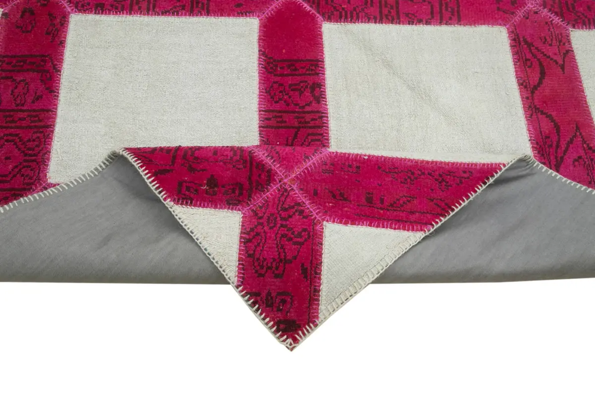 Patchwork Pembe Pamuk Üzerine Yün El Dokuma Kilim-199x293 - Görsel 6
