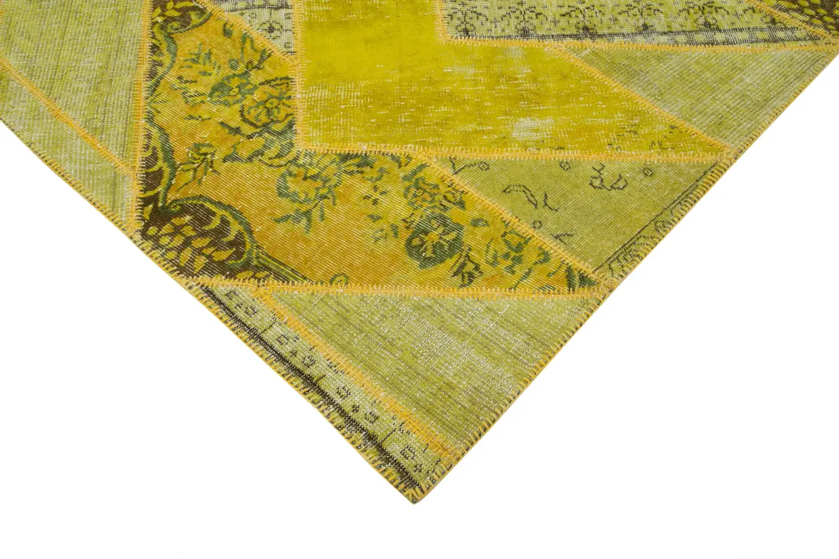 Patchwork Sarı Pamuk Üzerine Yün El Dokuma Kilim-205x305 - Görsel 4
