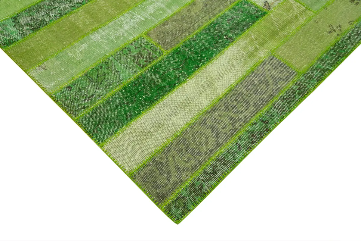Patchwork Yeşil Pamuk Üzerine Yün El Dokuma Kilim-245x308 - Görsel 4