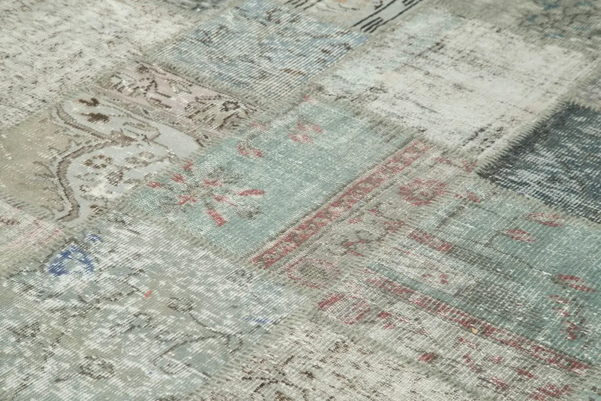 Patchwork Gri Pamuk Üzerine Yün El Dokuma Kilim-252x351 - Görsel 5