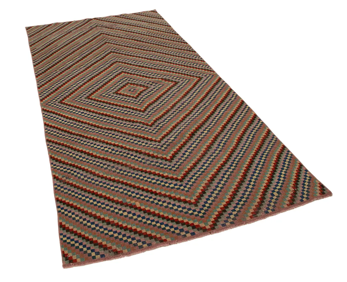 Damalı Modern Dizayn Geometrik Kırmızı Pamuk Üstü Yün El Dokuma Halı-125x254 - Görsel 2