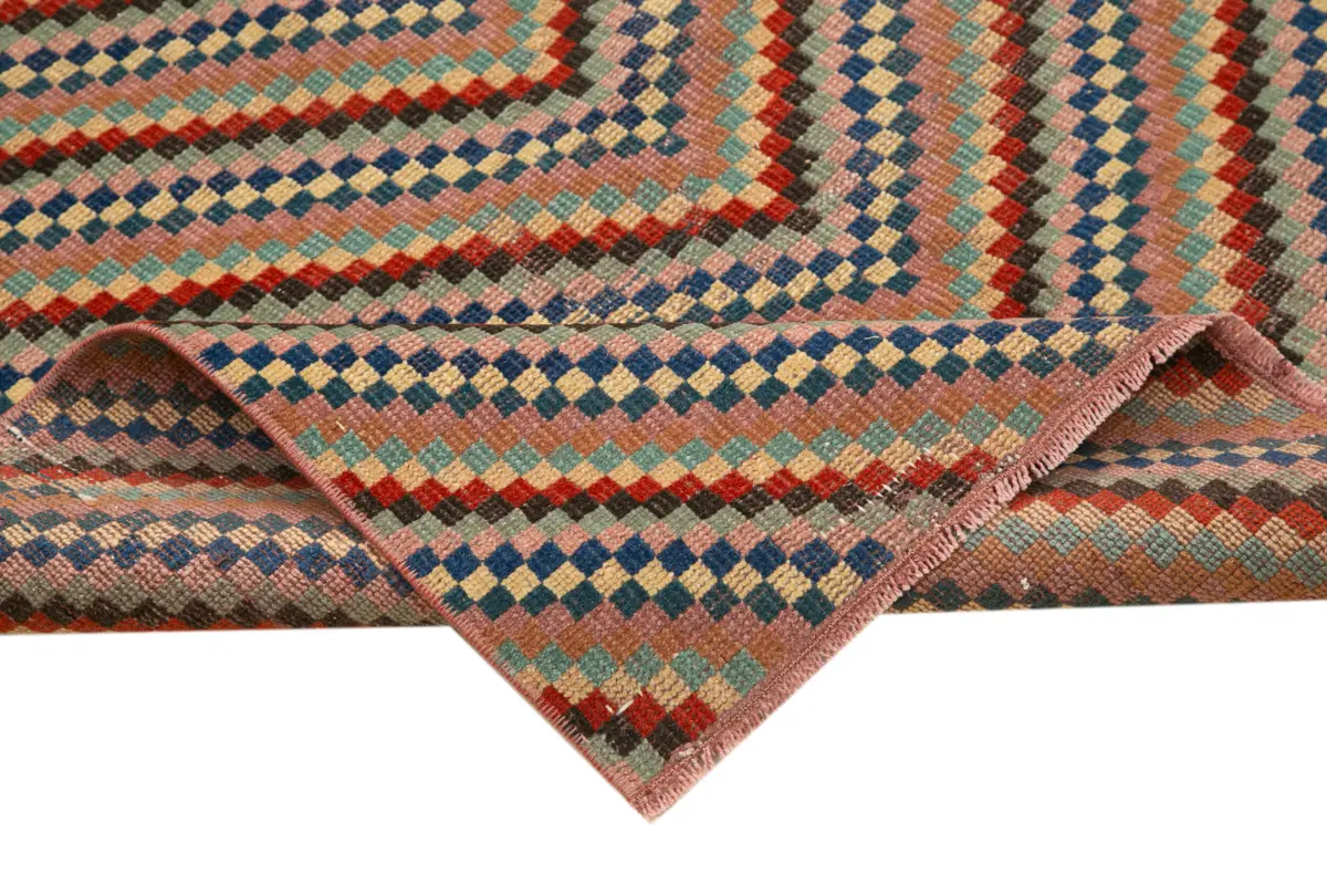 Damalı Modern Dizayn Geometrik Kırmızı Pamuk Üstü Yün El Dokuma Halı-125x254 - Görsel 6