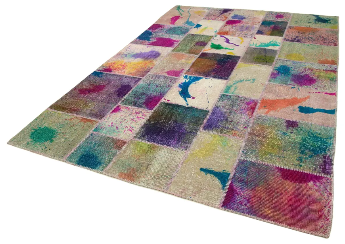 Patchwork Multi Pamuk Üzerine Yün El Dokuma Kilim-206x306 - Görsel 3