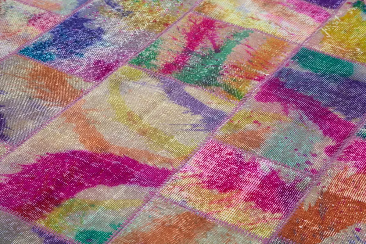 Patchwork Multi Pamuk Üzerine Yün El Dokuma Kilim-200x300 - Görsel 5