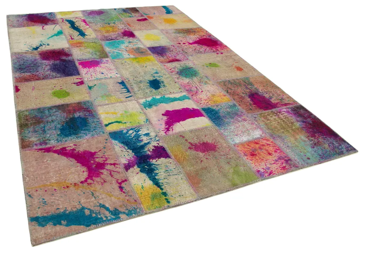 Patchwork Multi Pamuk Üzerine Yün El Dokuma Kilim-207x302 - Görsel 2