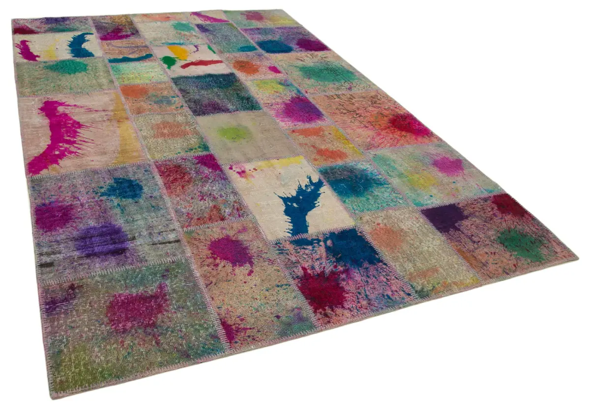 Patchwork Multi Pamuk Üzerine Yün El Dokuma Kilim-203x302 - Görsel 2