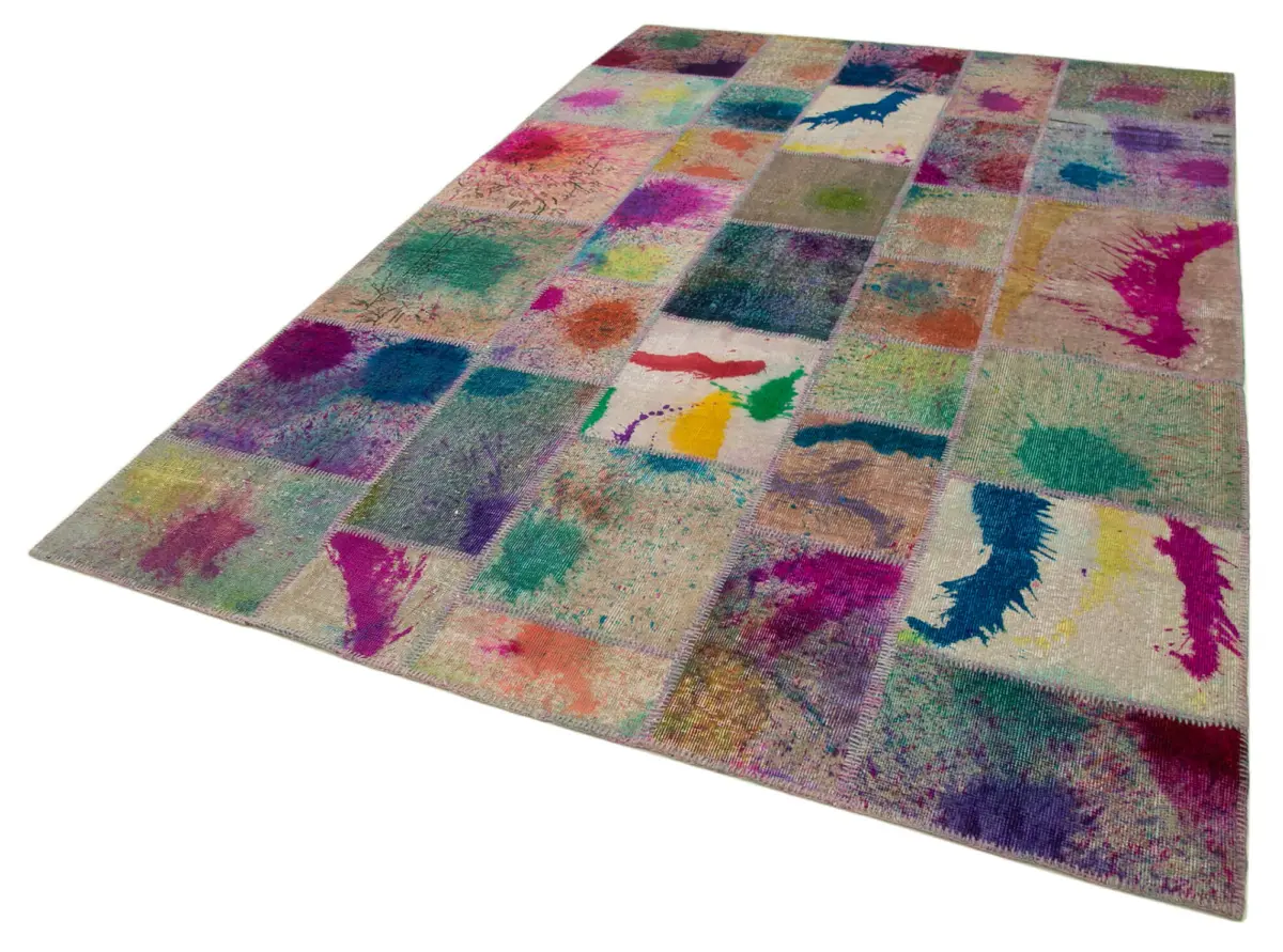 Patchwork Multi Pamuk Üzerine Yün El Dokuma Kilim-203x302 - Görsel 3