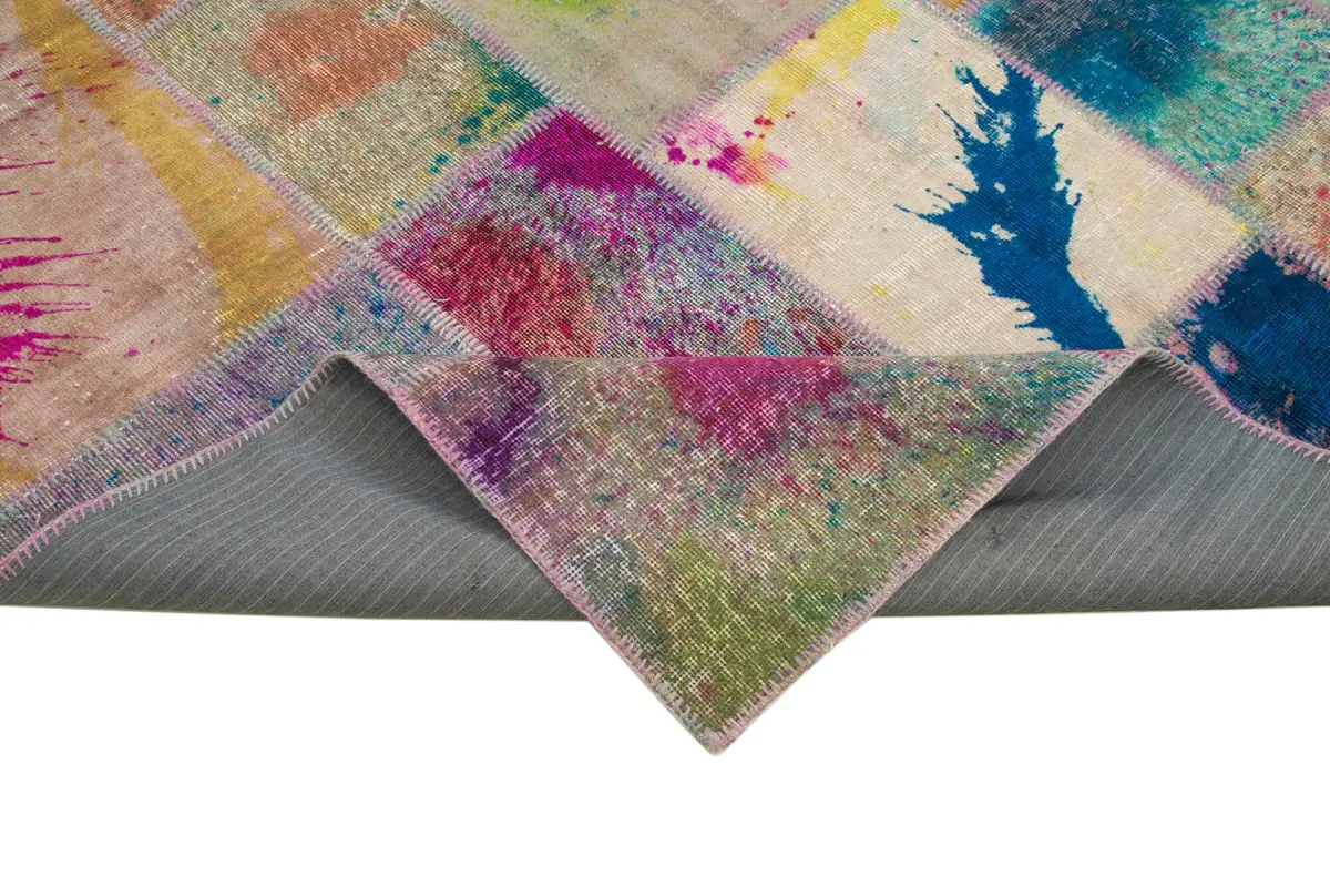 Patchwork Multi Pamuk Üzerine Yün El Dokuma Kilim-203x302 - Görsel 6