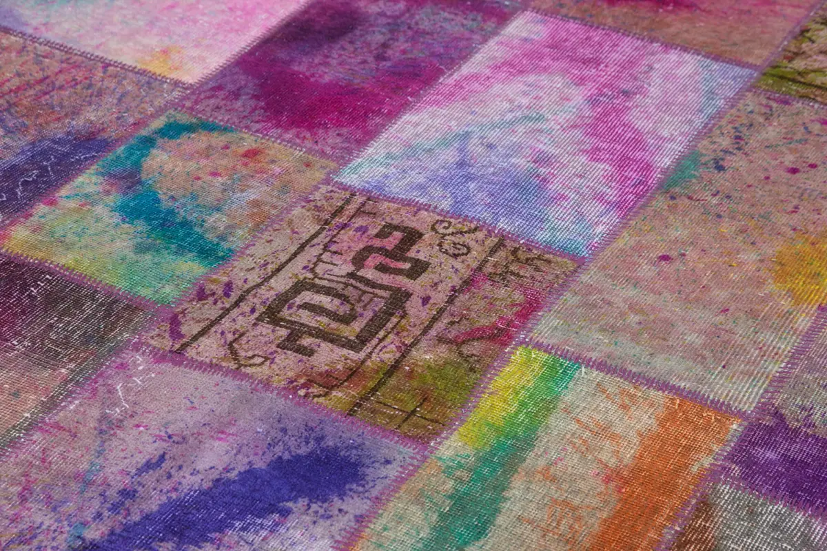 Patchwork Multi Pamuk Üzerine Yün El Dokuma Kilim-198x302 - Görsel 5