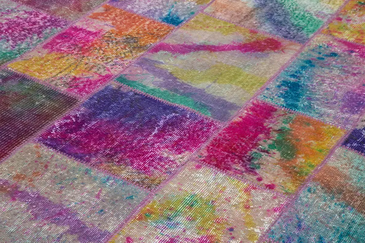 Patchwork Multi Pamuk Üzerine Yün El Dokuma Kilim-202x300 - Görsel 5