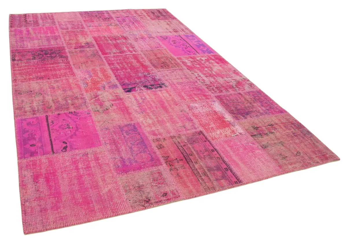 Patchwork Pembe Pamuk Üzerine Yün El Dokuma Kilim-202x303 - Görsel 2