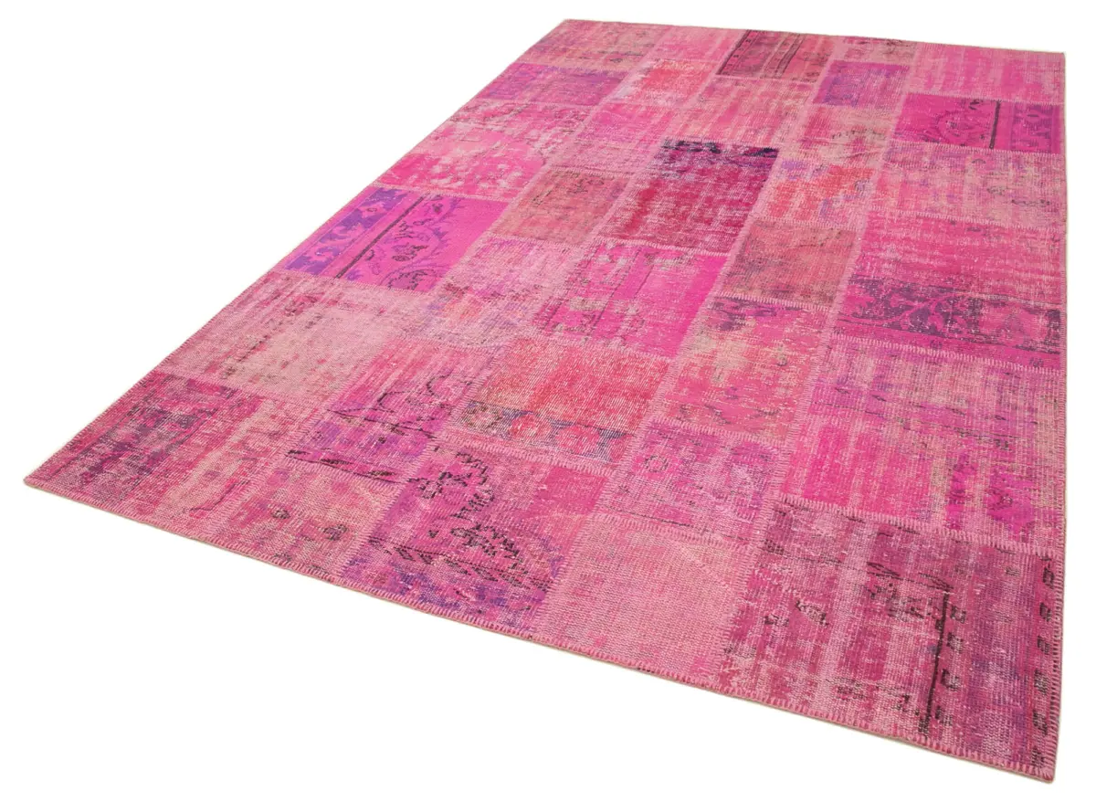 Patchwork Pembe Pamuk Üzerine Yün El Dokuma Kilim-202x303 - Görsel 3