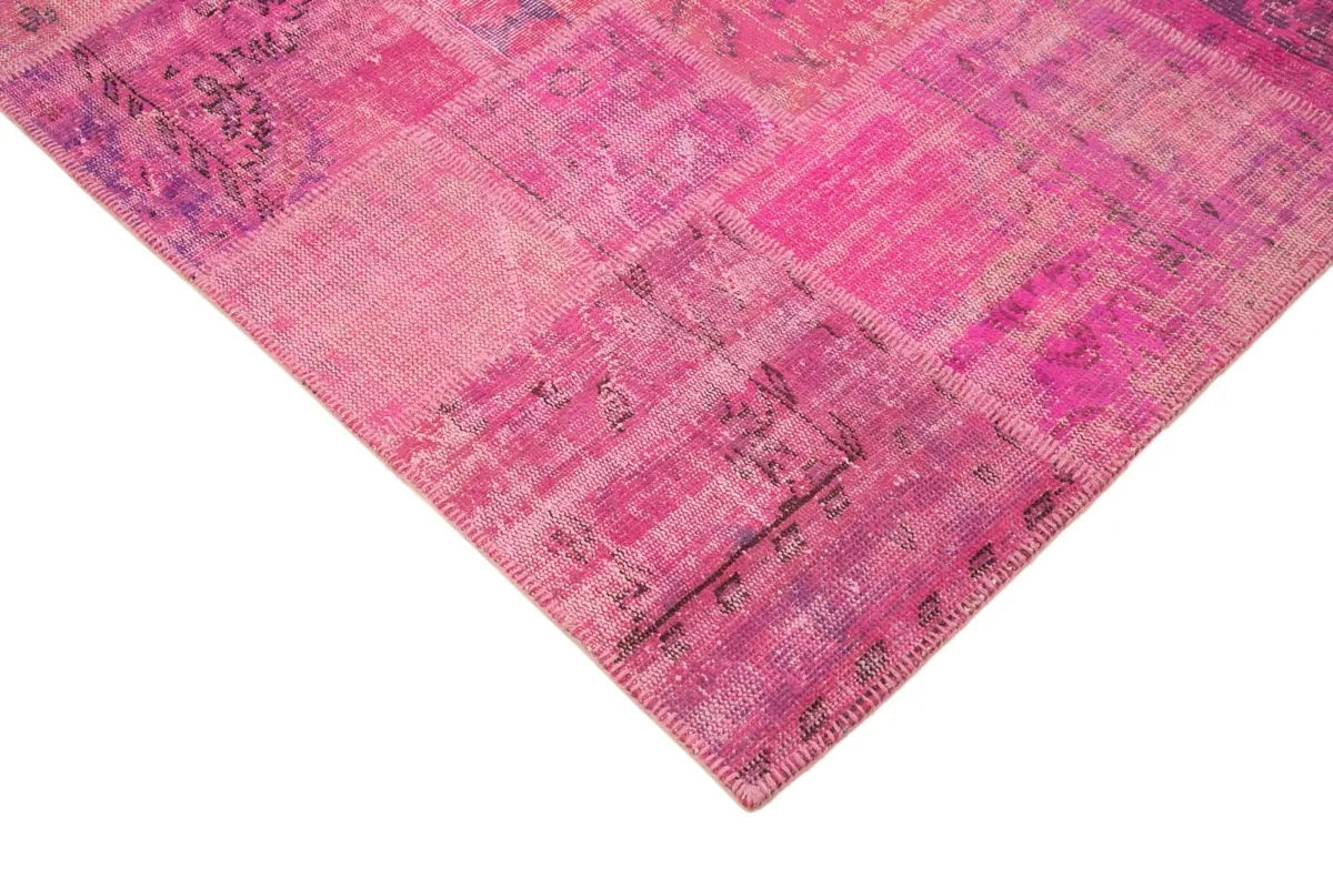Patchwork Pembe Pamuk Üzerine Yün El Dokuma Kilim-202x303 - Görsel 4