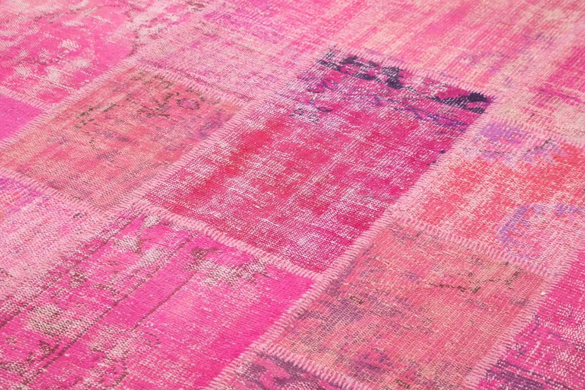 Patchwork Pembe Pamuk Üzerine Yün El Dokuma Kilim-202x303 - Görsel 5