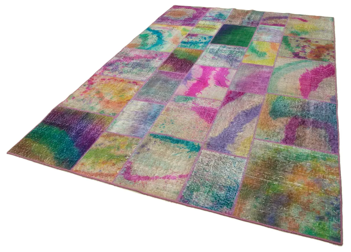 Patchwork Multi Pamuk Üzerine Yün El Dokuma Kilim-198x301 - Görsel 3